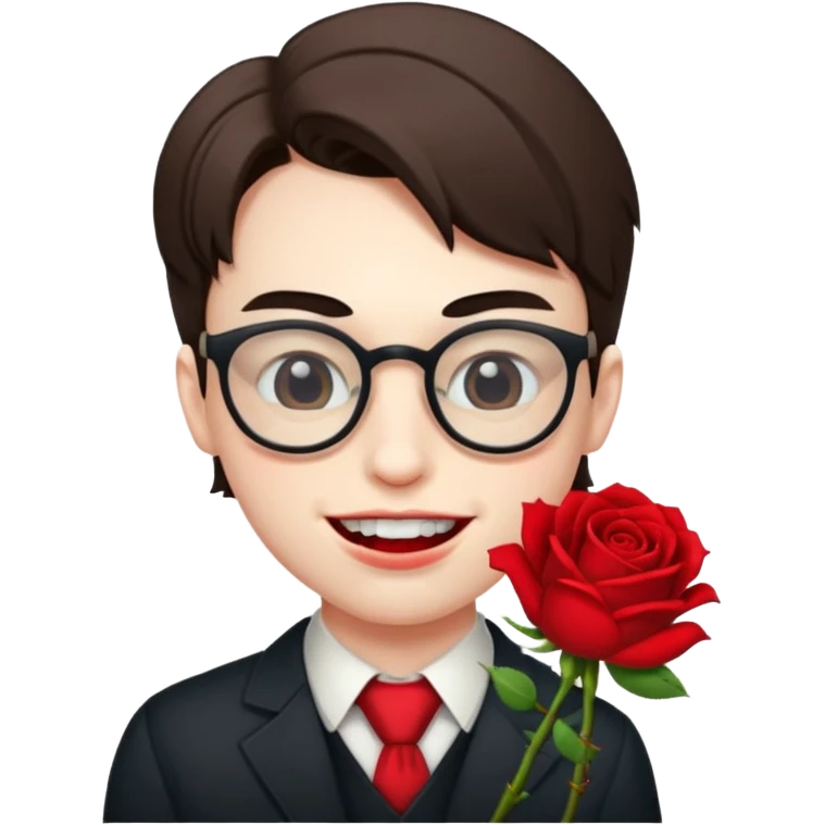 One eye open one eye closed nerd making a smirk mouth with a rose between teeth emoji