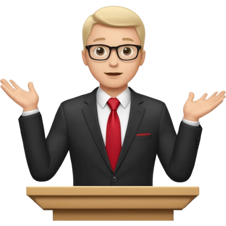 A professional clean-shaven man in a dark business suit and red tie standing behind a podium, confidently delivering a speech. Hands slightly open in a welcoming gesture, soft studio lighting, neutral dark background, friendly facial expression, glasses, elegant and corporate look. emoji