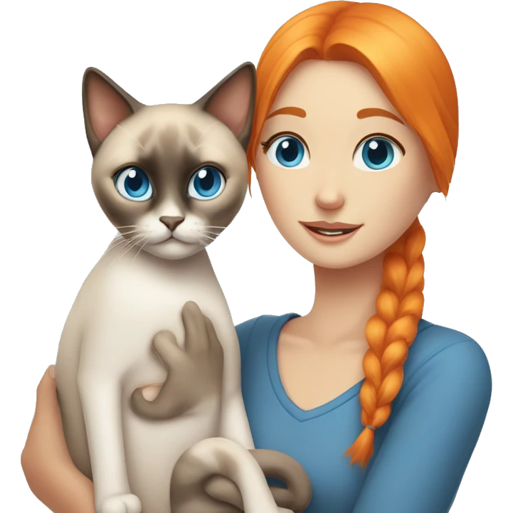 Girl with orange hair and blue eyes hugs Siamese cat with blue eyes emoji