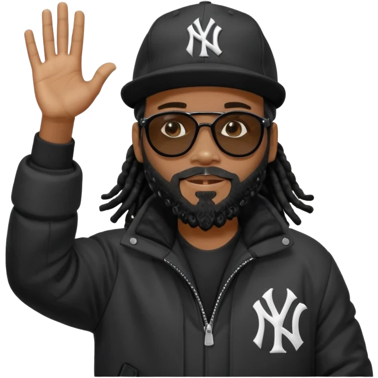 African American man with shoulder length black dreadlocks with black beard wearing  dark black sunglasses with a black bubble winter coat wearing a New York Yankees baseball capwith arms raised with light around him emoji