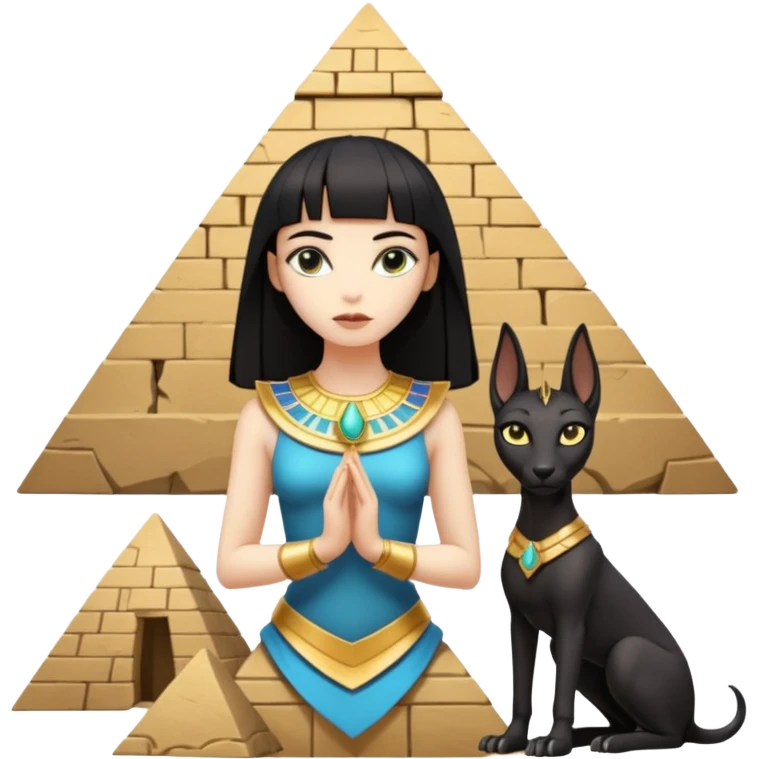 Kindly alien cleopatra Protecting silky black-haired tiny statuette scale female Anubis and pyramid scenery stone-age cracked irregular dwelling  emoji