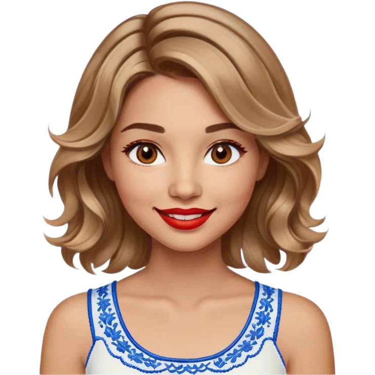 Enthusiastic woman with healthy glowing skin, round cheeks, warm smile, expressive light brown eyes, red lipstick, wavy dark blonde shoulder-length hair with highlights, summery white top with blue embroidery and electric blue neckline emoji