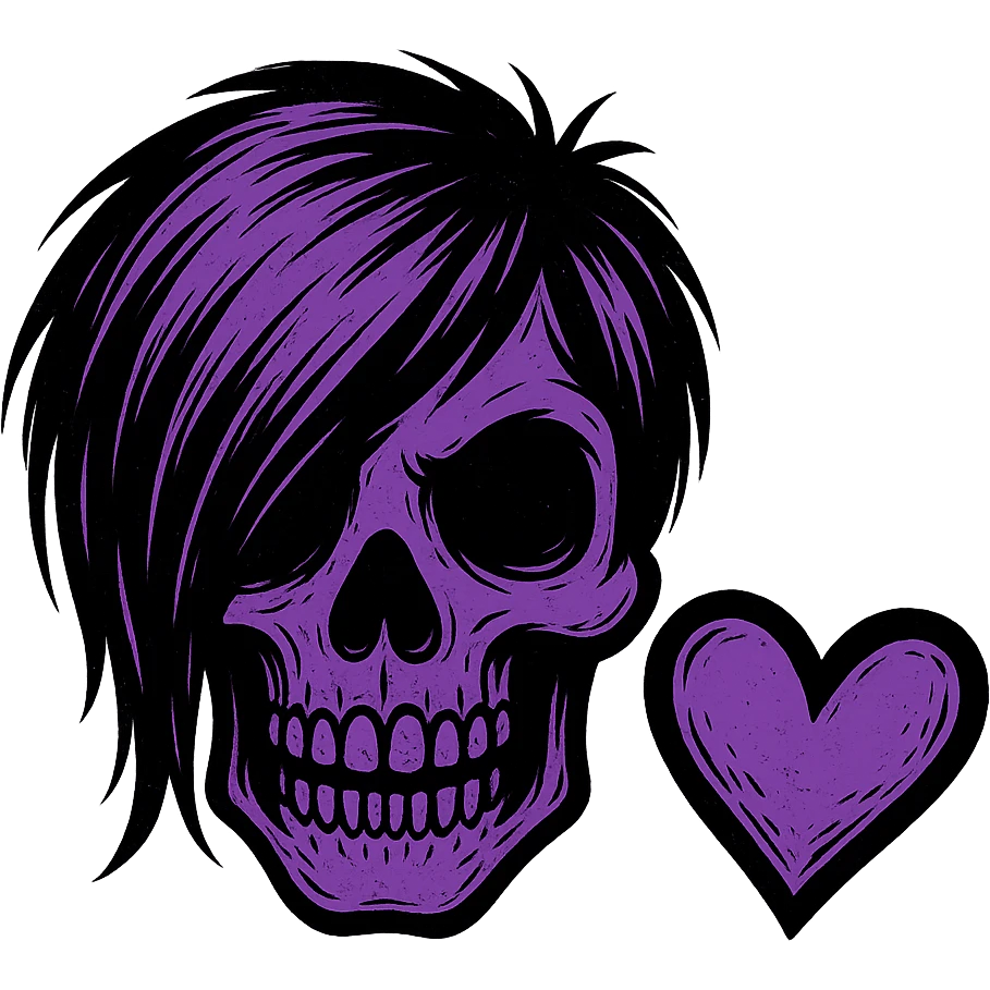 emo skull with a heart, black and purple, expressive and stylish, no background emoji