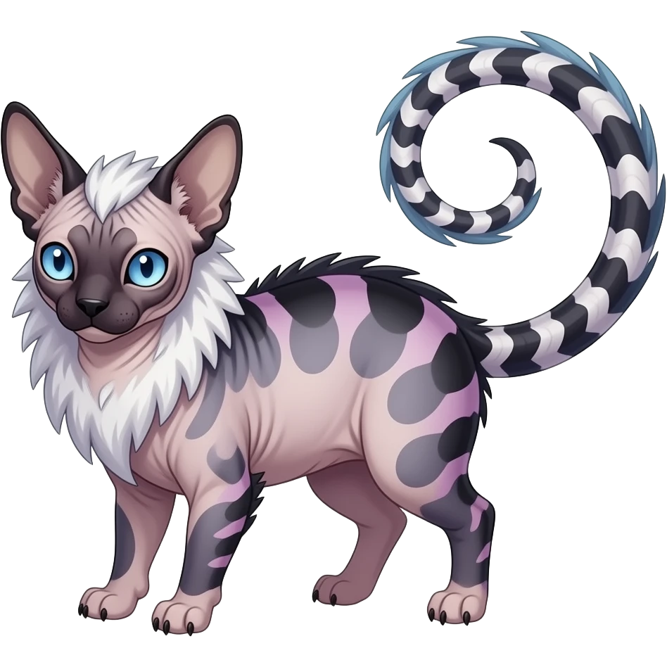Furry, fluffy tropical flecked painted feathery scaly, Purple, white, black, Minccino-Sphynx-Lykoi-Linoone-Zangoose-fusion-hybrid-animal-Fakémon-creature, full body, thin long sleek scaly tail, intricate markings emoji