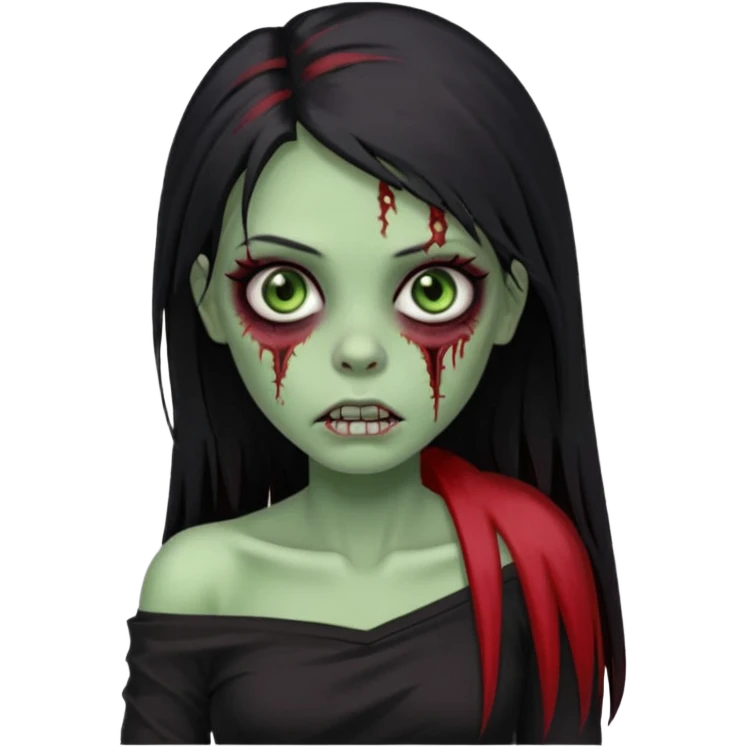 Garota zumbi com cabelo todo preto liso longo e mechas vermelhas na lateral da cabeça dos dois lados, usando uma blusa com um lado da manga caida preta  emoji