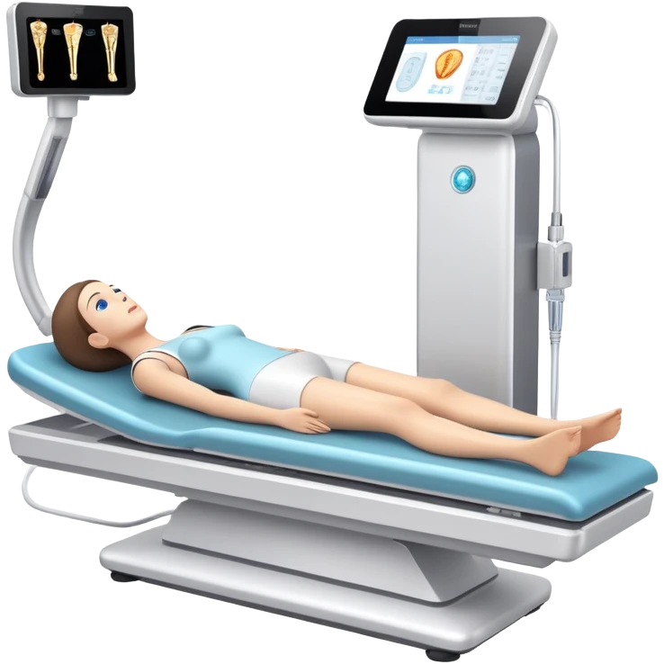 3D medical DEXA scan machine with patient lying on table, bone density measurement equipment emoji