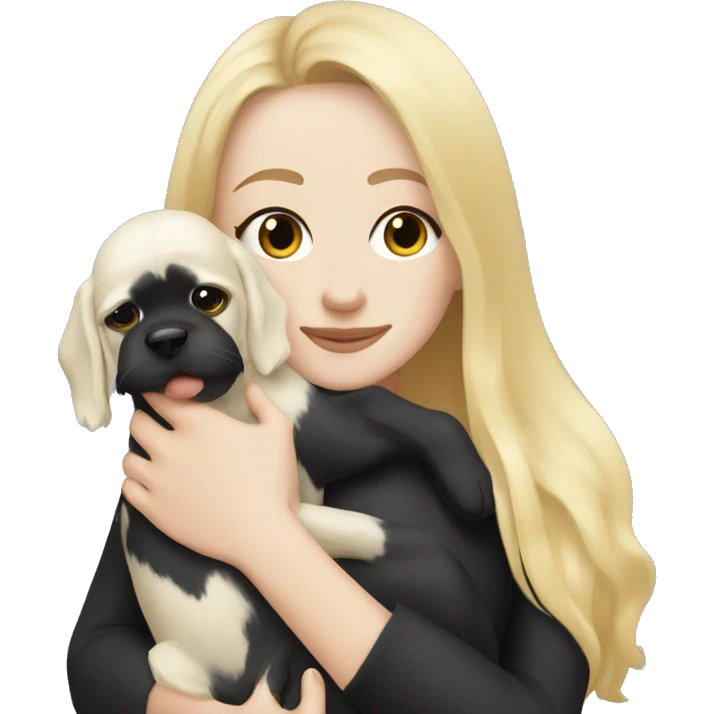 pretty woman with pale skin, very long blonde hair hugging a black dog emoji