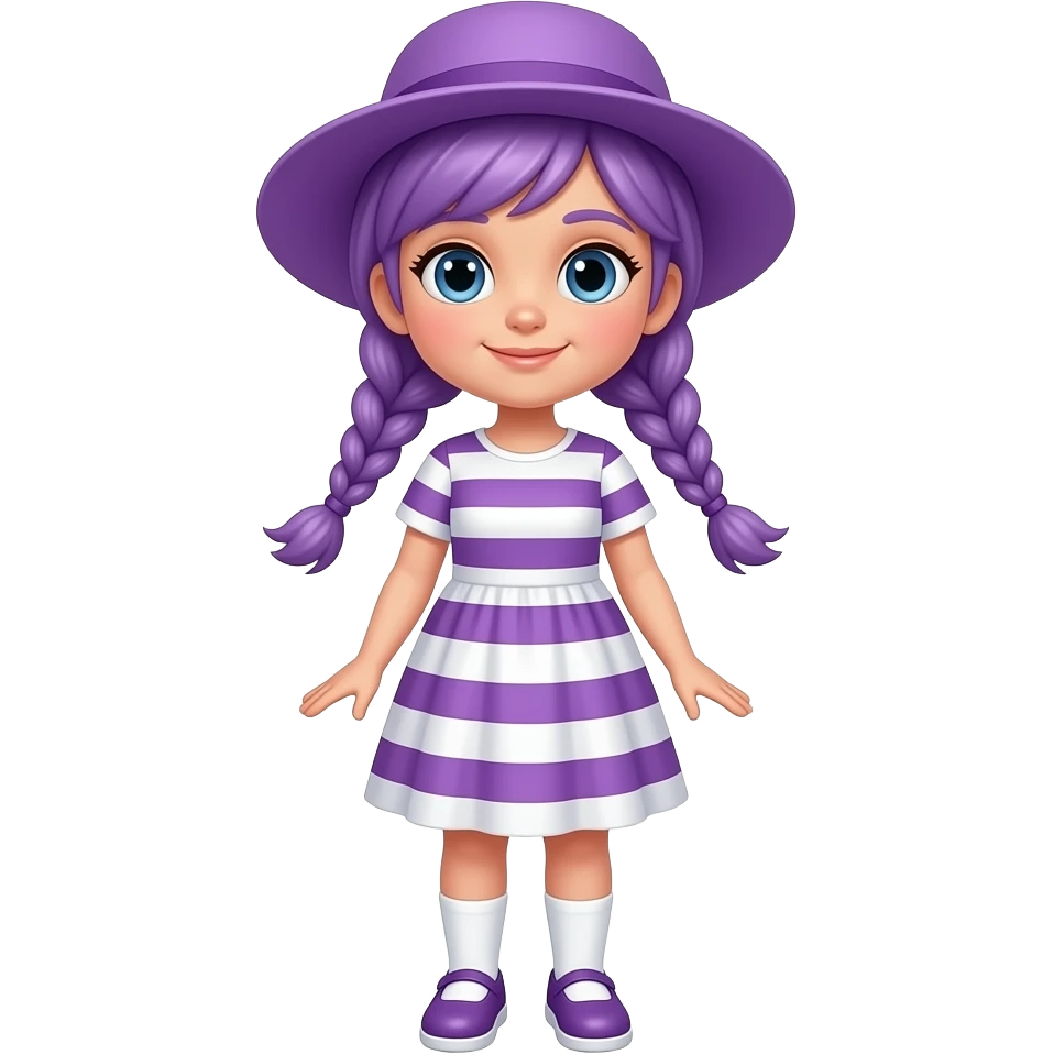 A white/fair skinned girl with lavender hair tied in two braids, and blue eyes and wearing a lavender purple and white striped dress, a lavender purple sun hat, white socks and lavender purple shoes. emoji