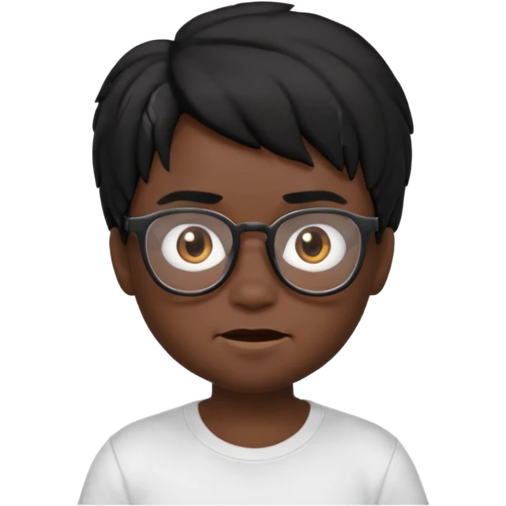 3D cartoon emoji portrait of a young character with black skin, messy black hair, big expressive brown eyes, wearing glasses and a white t-shirt, realistic shading, Pixar-style lighting, smooth texture, cute and slightly funny expression, high-quality render, white background, Apple Memoji style emoji
