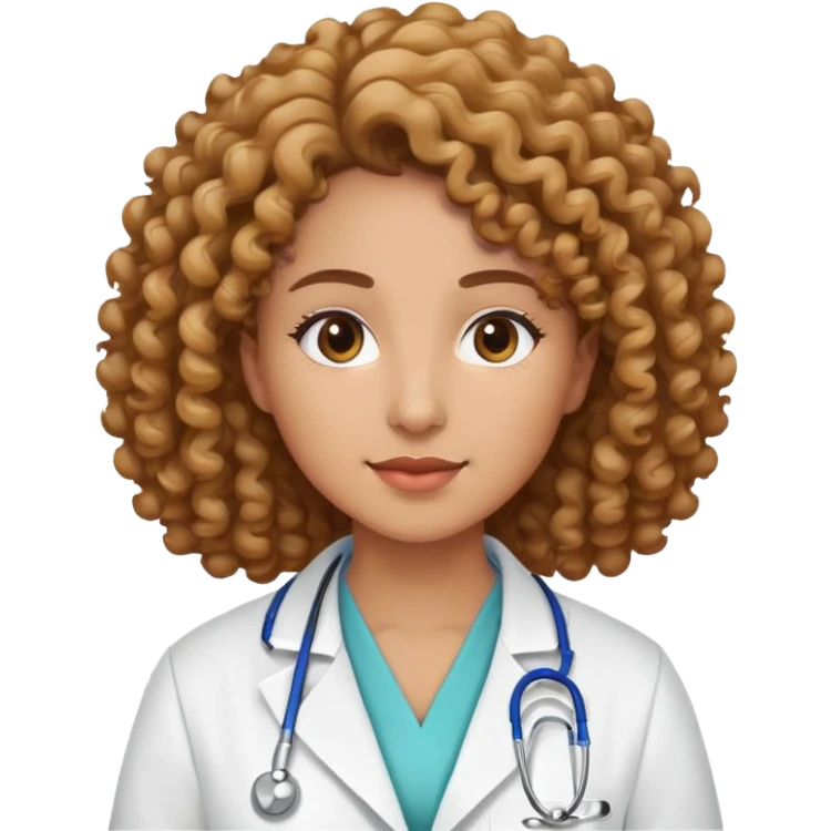 woman with curly hair, light brown skin, wearing hospital lab coat emoji