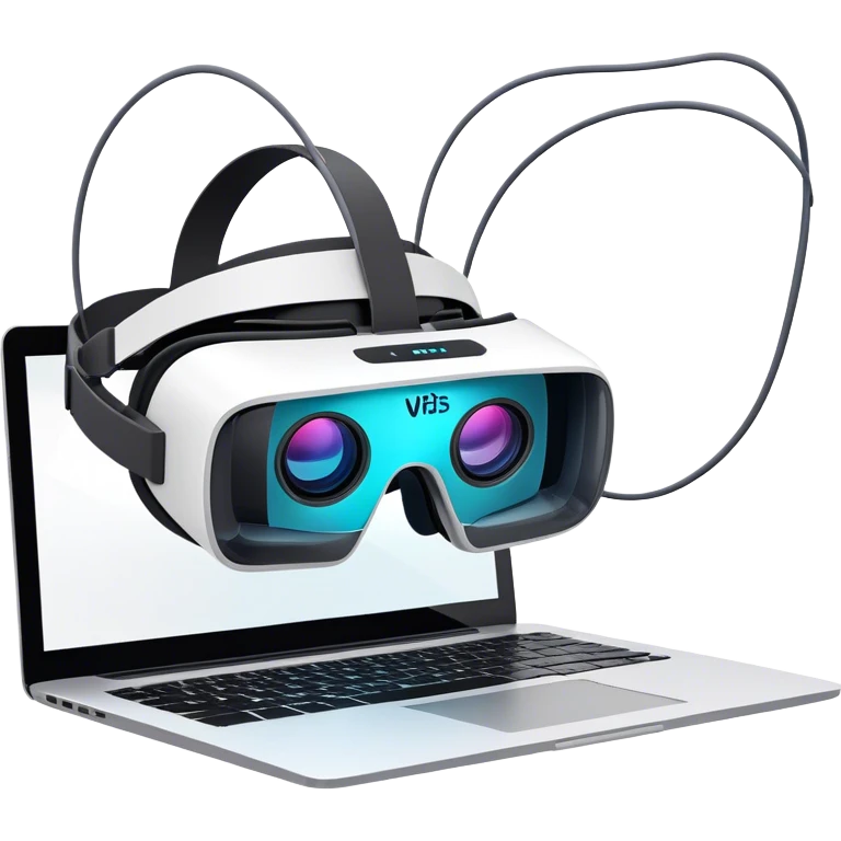 VR headset lying next to a laptop, connected by wires. On the laptop screen a VR/AR modeling program is opened. Floating 3D models or virtual objects. Modern, tech-inspired colors. No emojis or smiley faces. Transparent background. emoji
