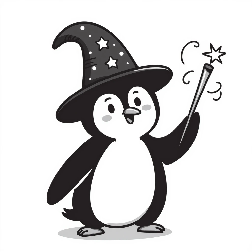 hand-drawn penguin with wizard hat and wand casting magic emoji