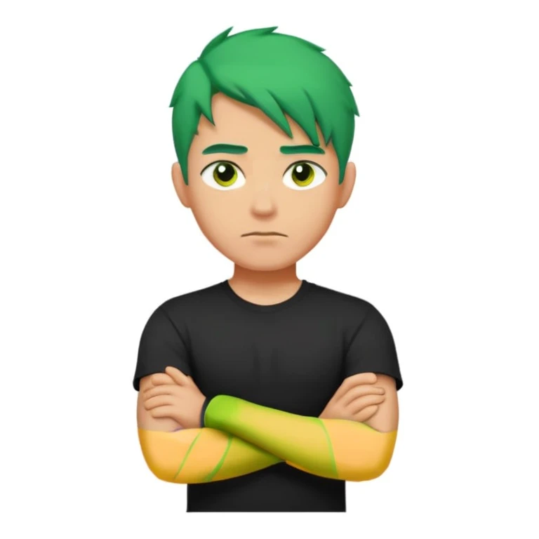 a man with his arms crossed over his chest, green hair, and serious eyes emoji
