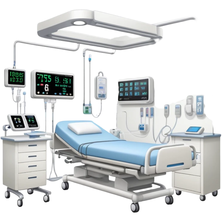 Hospital sleep laboratory with hospital bed, sleep monitoring equipment, medical staff, EEG monitors, and hospital room features emoji