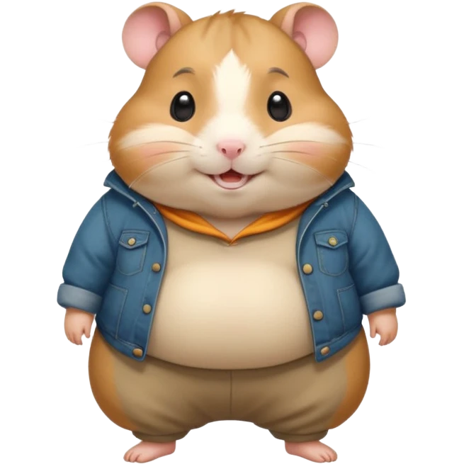Cute chubby cartoon-style hamster wearing oversized pants that look too big, proud and smiling expression. Painterly shading, white background, sticker-style illustration emoji