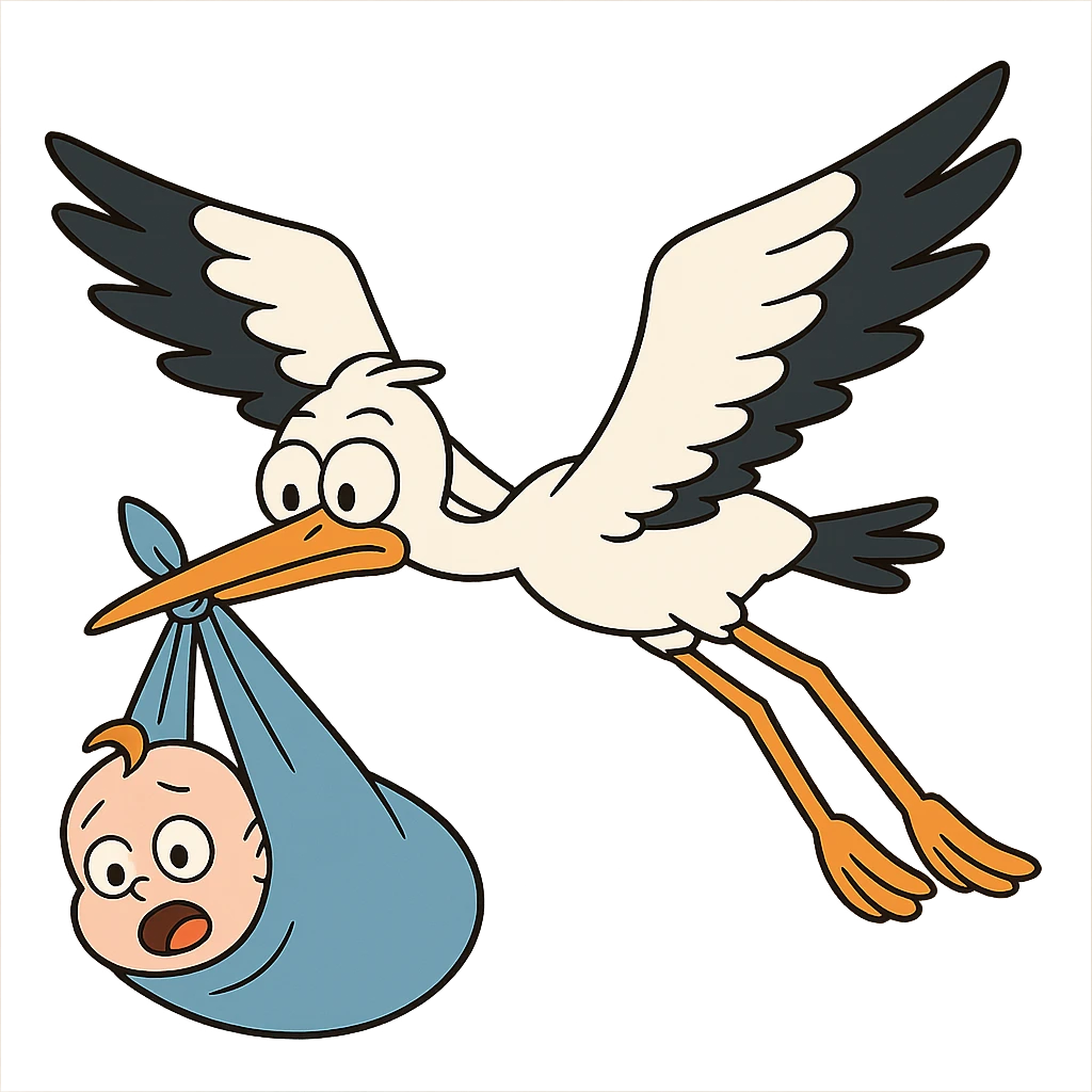 stork flying with a baby in a blue blanket in flat toon style emoji