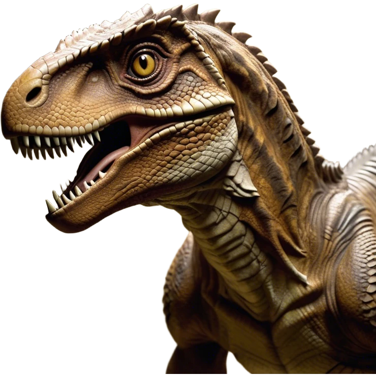 Cinematic Realistic Noble velociraptor/T-rex Portrait Emoji, Poised and imposing, with a massive, muscular build and a rugged, intricately scaled hide in ancient earthy tones, a sharply defined, fearsome head with piercing, primal eyes rendered in lifelike detail, high shine, intelligent and formidable, styled with an air of prehistoric authority, focused and attentive, soft glowing outline, capturing the essence of a watchful and confident velociraptor/T-rex that appears ready to roar out of the screen with timeless power! emoji