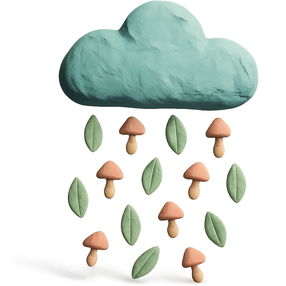 cloud raining tiny leaves and mushrooms, whimsical rain, pastel tones, matte plasticine claymation style with visible fingerprints emoji