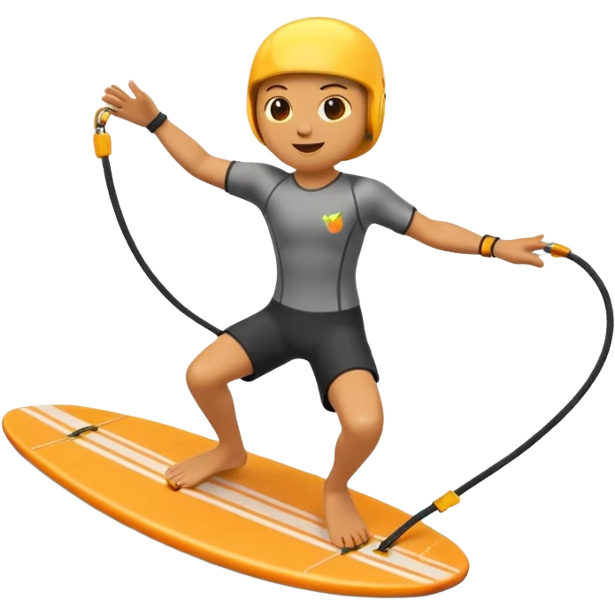 "Apple 3D emoji-style character wakeboarding mid-jump, with arms extended holding an orange rope, legs slightly bent on a yellow board. Stylized water splash behind. Emoji face, rounded body, bright and clean Apple shading. emoji