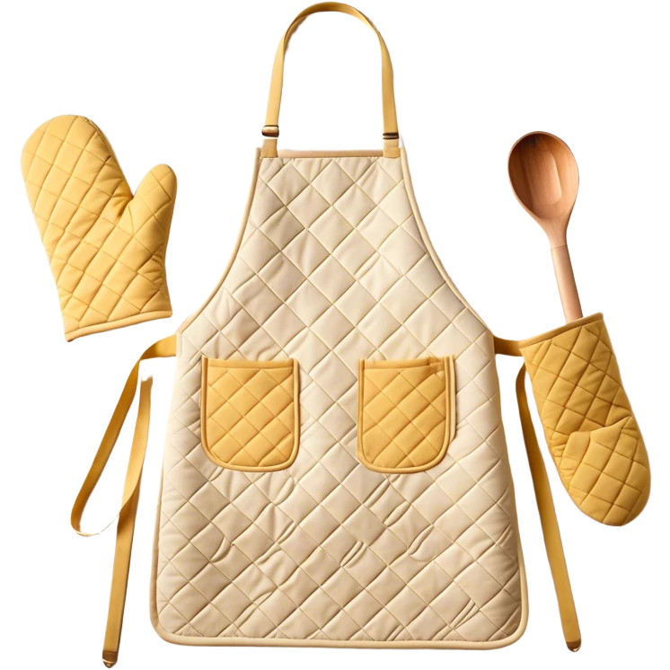 Cinematic Realistic Apron & Oven Mitts, a neatly folded soft pastel apron with subtle fabric textures, resting next to thickly padded oven mitts with a quilted pattern, warm golden kitchen lighting reflecting off the fabrics, evoking a sense of homely warmth and culinary creativity. emoji
