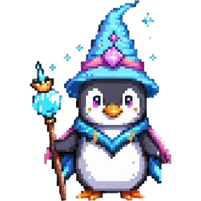 a penguin wizard with magical sparkles and a unicorn companion emoji