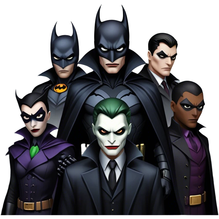 Icon for Thriller Movies: A large, dramatic collage featuring sinister villains in dark clothing. The background shows the gloomy cityscape of Gotham, with dim lighting and eerie shadows. The atmosphere should be tense, mysterious, and suspenseful. Transparent background. emoji