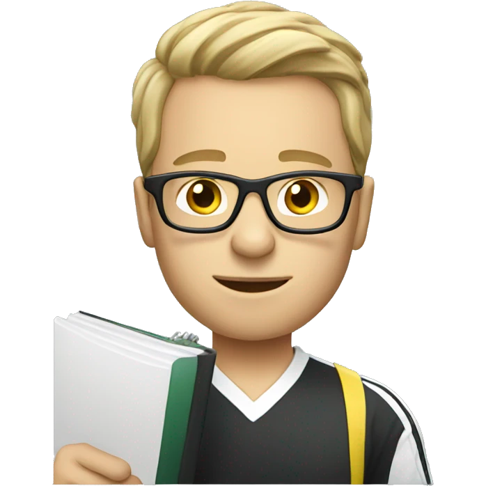 white young soccer coach with eyeglasses holding a notebook emoji