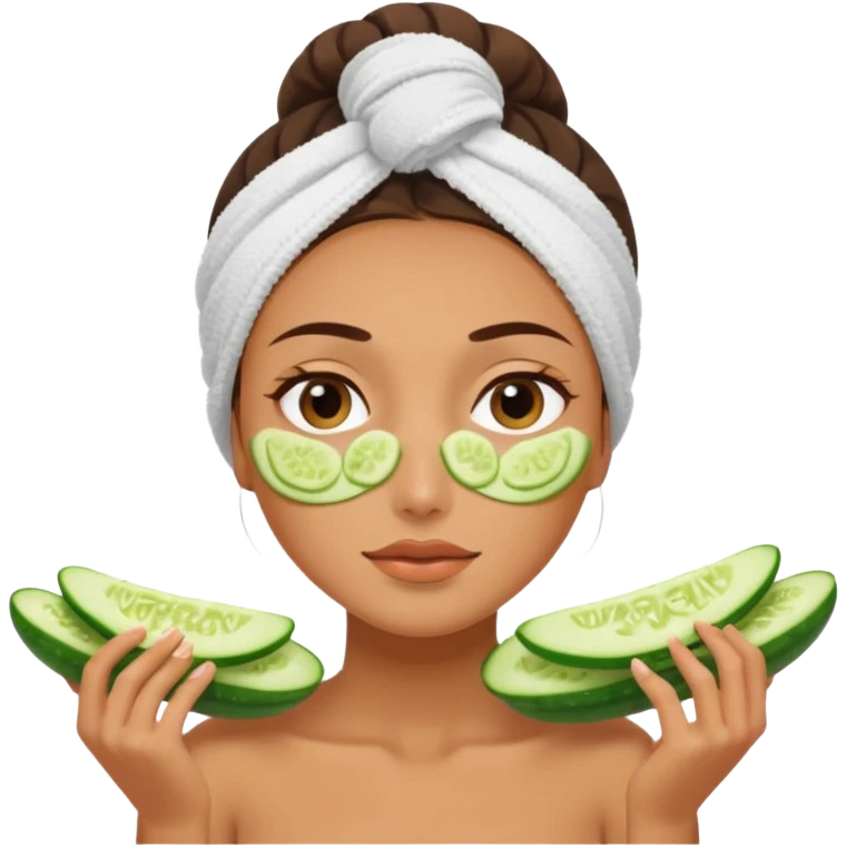 woman at the spa with cucumbers on her eyes (no eyeballs showing) and tan skin tone with towel covering hair emoji