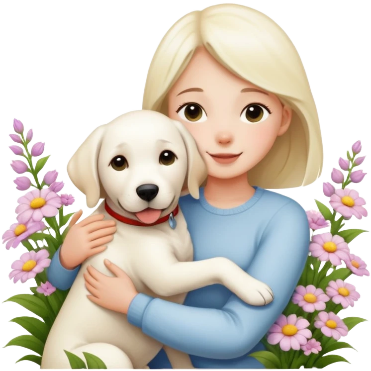 A girl happily hugs a white Labrador among the flowers emoji
