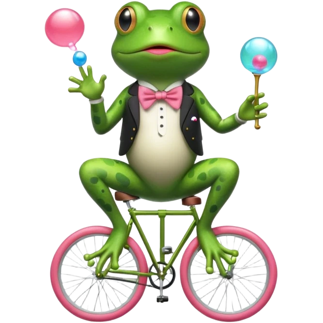 A frog riding a unicycle wearing a monocle blowing a bubble gum bubble emoji