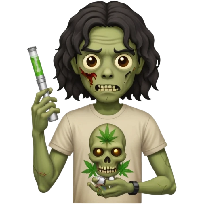 black mid long wavy haired zombie getting stoned with weed t shirt and bong on his hand emoji