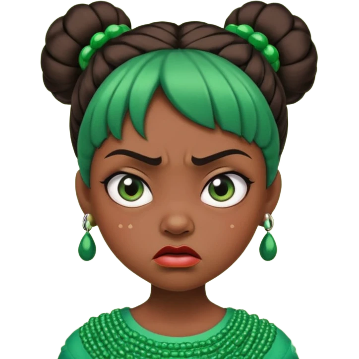 Create a 3D cartoon-style girl character with dark skin, round face, angry expression, big wide eyes, and tightly styled double buns made of green beaded hair. The girl should look irritated, eyebrows sharply angled, and lips pressed in a frown. emoji