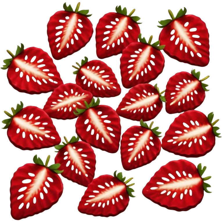 dried strawberry slices, two or three, deep red, curled edges, natural seeds, inner pattern, leathery wrinkled texture, matte, small thin irregular shapes, no bowl or garnish, no faces, clean 3D, soft shadows, transparent background, emoji scale emoji