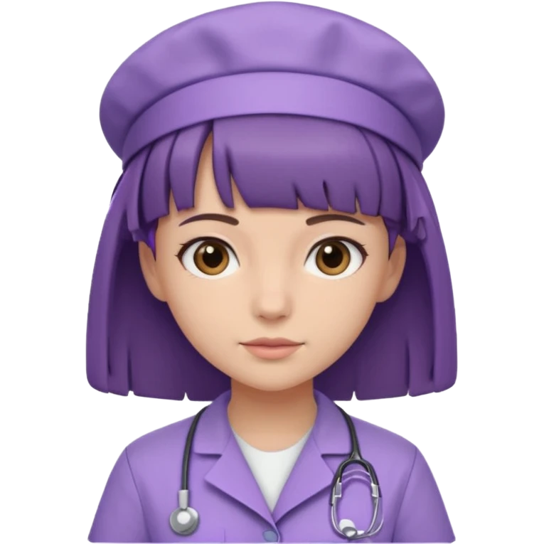 A young female slim nurse with short Brown hair with fringe over her forehead, wearing larvendar purple working cloth emoji