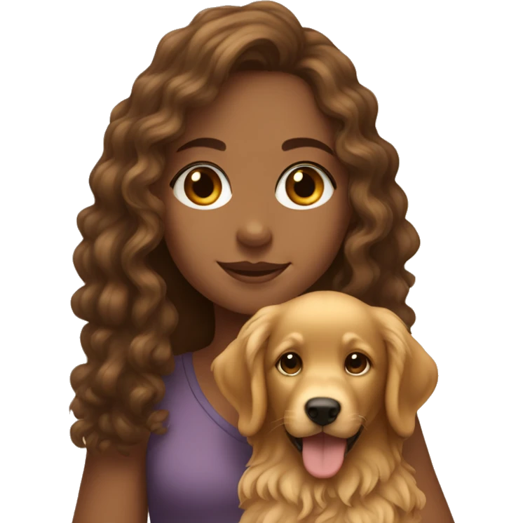 Tan skinned girl with  long brown curly hair with a golden retriever puppy emoji
