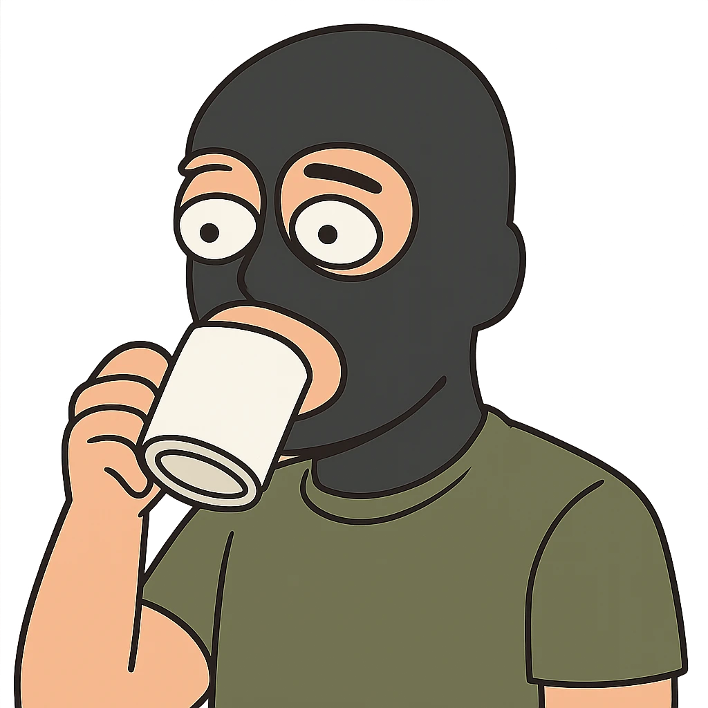 flat toon style man's face with a black full mask drinking coffee emoji