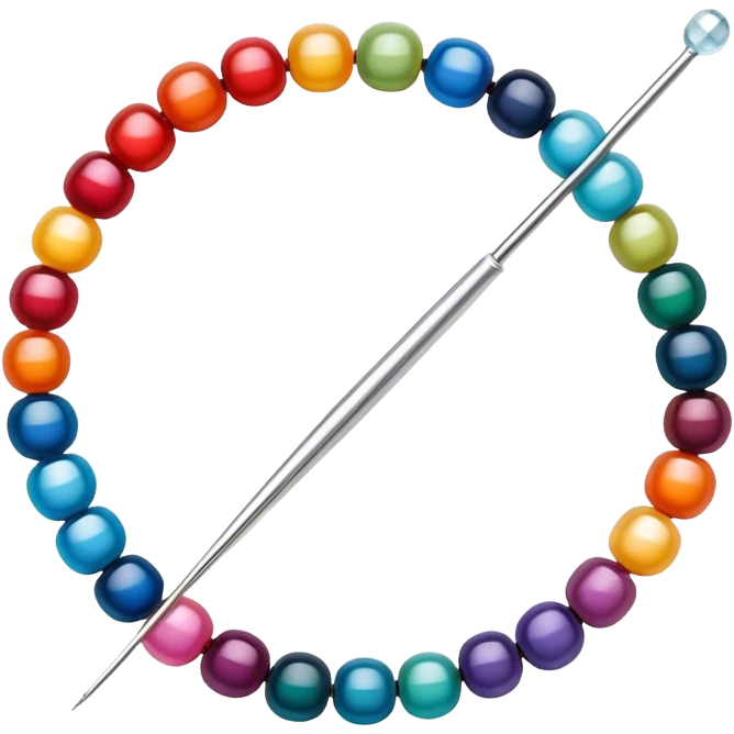 Create a harmonious and well-composed icon that represents the hobby of beadwork. The design should feature colorful beads, thread, and a beading needle or tool in a balanced arrangement. The elements should flow naturally, reflecting the creativity and precision of the craft. Ensure the composition is clean and aesthetically pleasing, with vibrant yet balanced colors. The background should be transparent. emoji