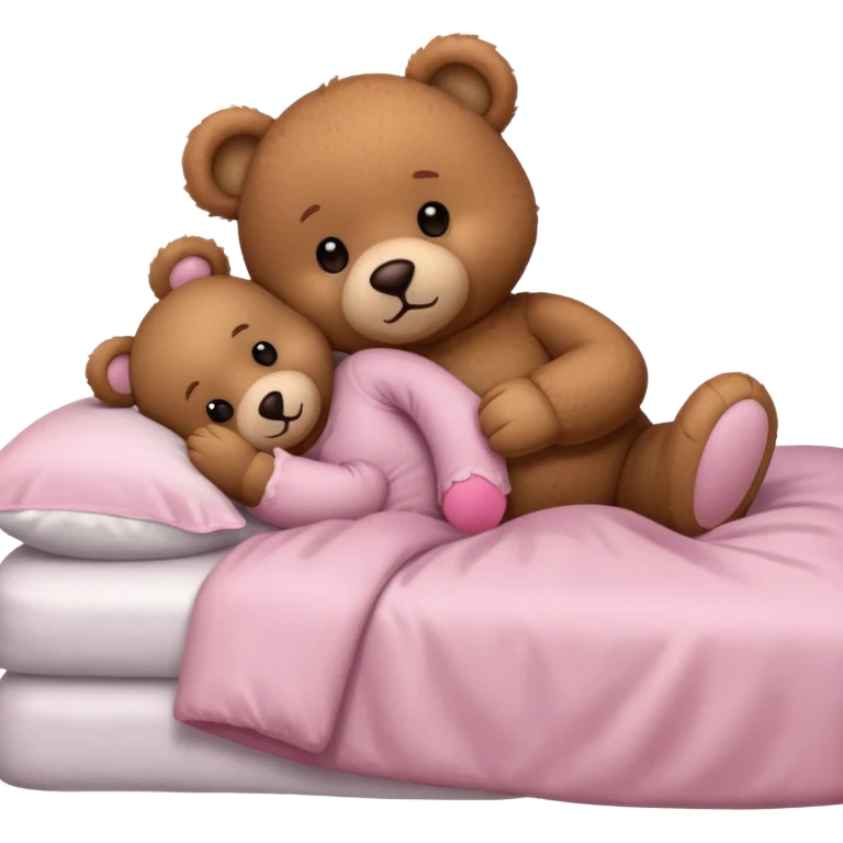 Brown teddy bear laying with a light pink teddy bear in bed emoji