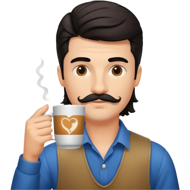 generate an ios genmoji of a fair young guy with black mustache, mullet hairstyle, drinking coffee emoji