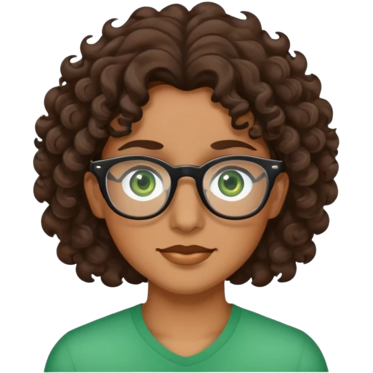 Tan with dark brown, curly wavy hair with green eyes and clear glasses ￼ emoji