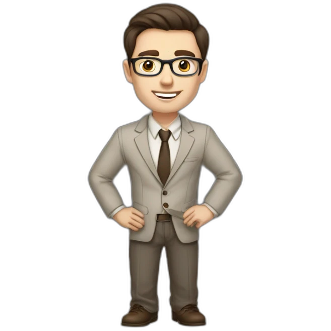 Pale skinned fit man with dark brown hair in gray jacket, beige office shirt, brown tie, brown pants and vintage glasses Writing on the marker board emoji