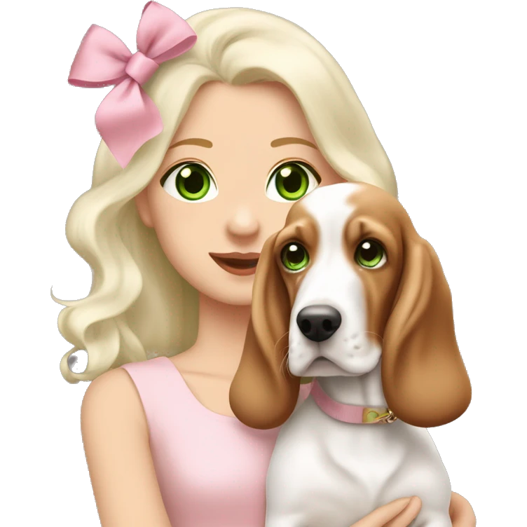 pale blonde girl with long platinum white wavy hair with bright green eyes and wearing a light pink hair bow holding a brown and white basset hound puppy also wearing a hair bow emoji