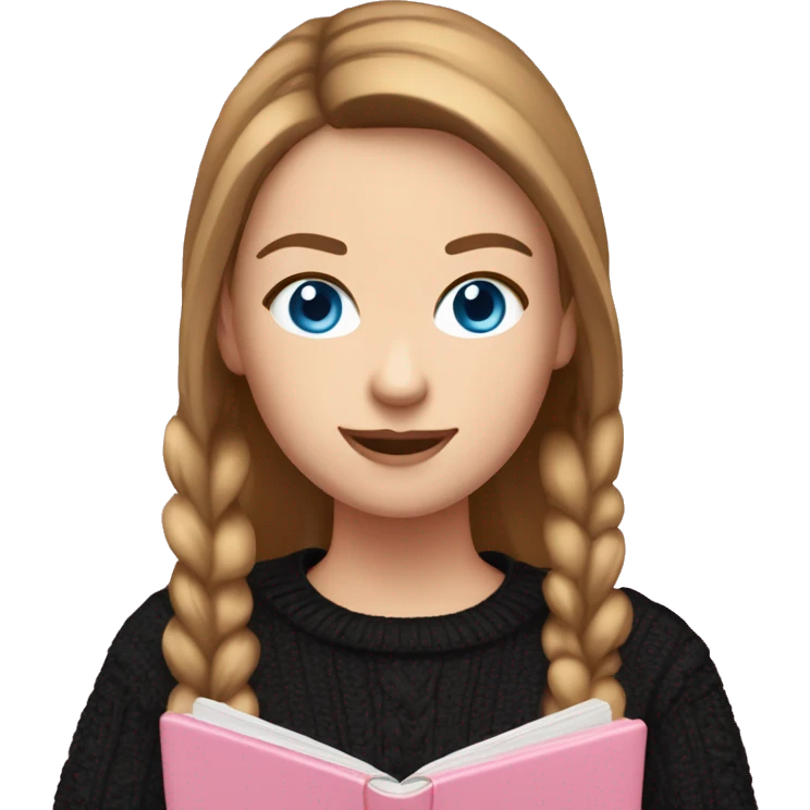 caucasian white IT girl student, holding pink laptop, blue eyes, brown hair ponytail wearing a thick black sweater emoji