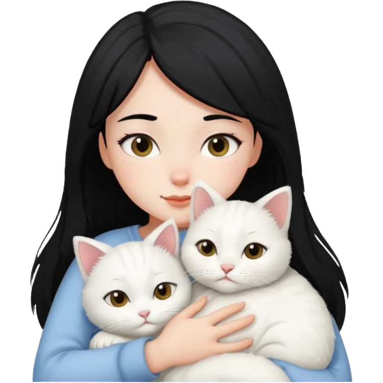 black-hair-girl snuggle with white cat emoji