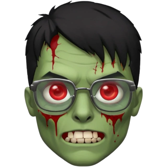 homem zumbi de óculos cabelo preto com muita olheira deixar pele dele verde dentes brancos e olhos vermelhos e ensanguentados deixar óculos quadrado e preto e olhos cheio de veias vermelhas e encher o rosto de piercings colocar piercing em todo rosto emoji