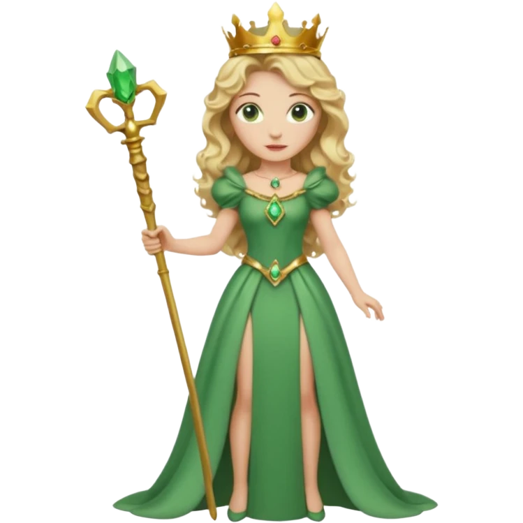 Queen, crown, blonde wavy hair, green eyes, long green narrpw dress, whole Body, emoji