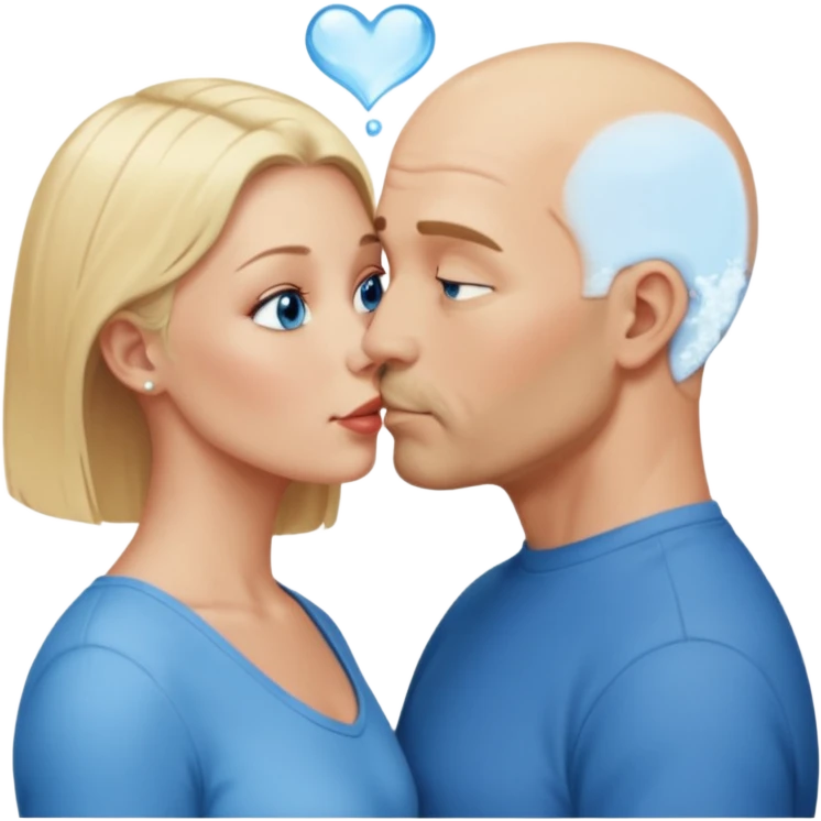 middle aged bald man with salt and blonde scruff, blue eyes and short haired blonde woman with blue eyes kissing each other emoji