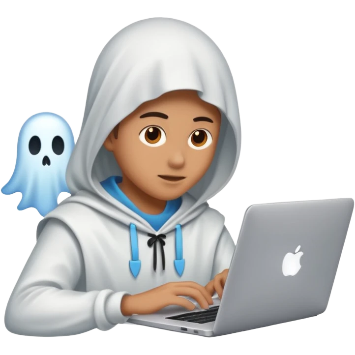 Create an emoji where an ungender person sits in front of the desk, designing ghost characters on laptop. Please refer to the attached image for ghost characters. emoji
