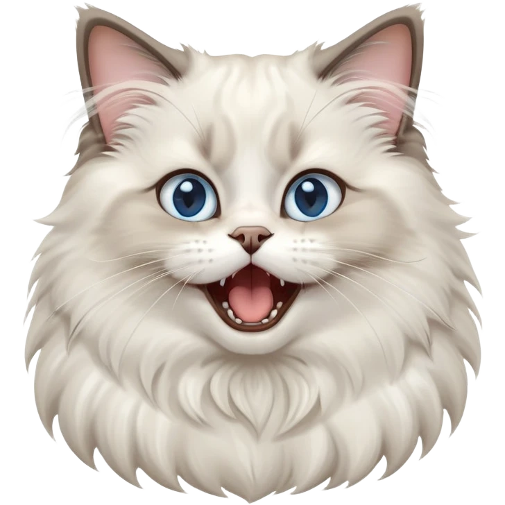 cinematic-adorable-big-eyed-fluffy-ragdoll-cat-portrait-emoji,-head-tilted-playfully-with-a-cute,-exaggerated-yawn,-white and grey fur,-simplified-yet-irresistibly-cute-features, blue eyes emoji