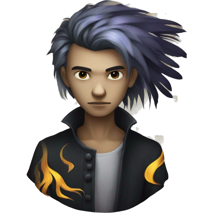 Hamlet young skinny sad man iridescent hair wearing raven feathers and golden flames yin yang chess board emoji